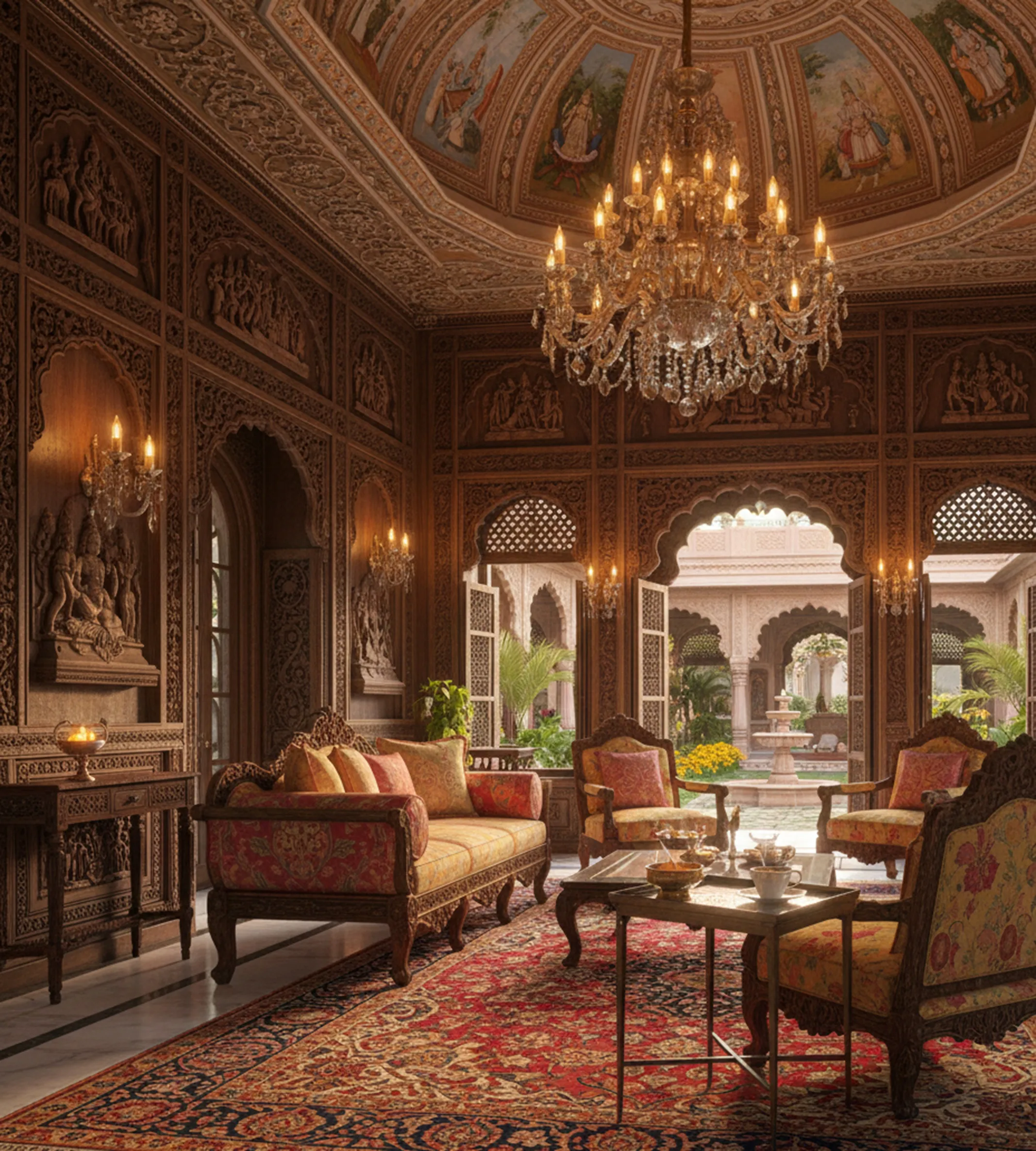 Mesa antigua Chanaux et Pelletier en un elegante salón decorado con un lujoso candelabro y detalles elaborados en las paredes.