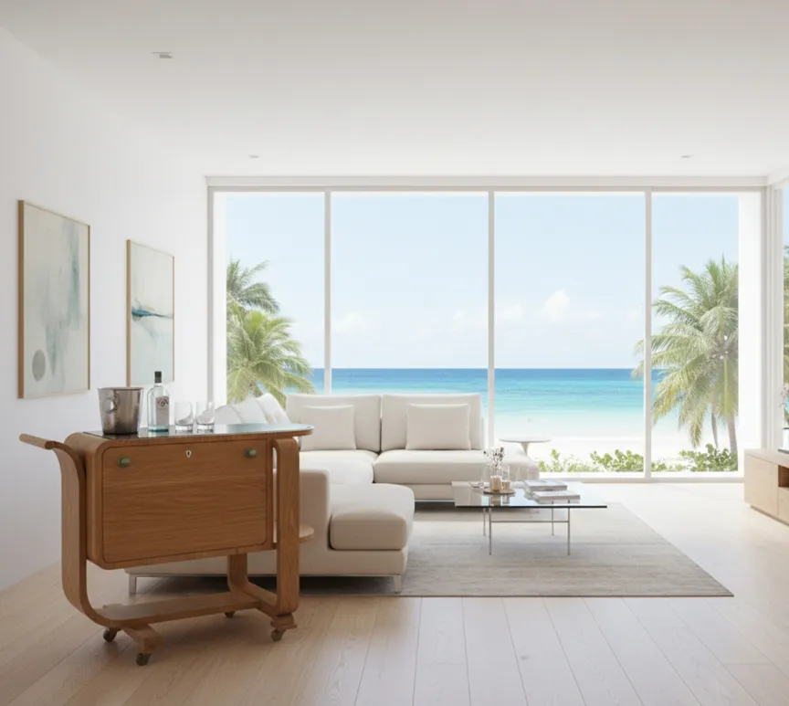 mesa carrito antigua con un estilo elegante y vista al mar