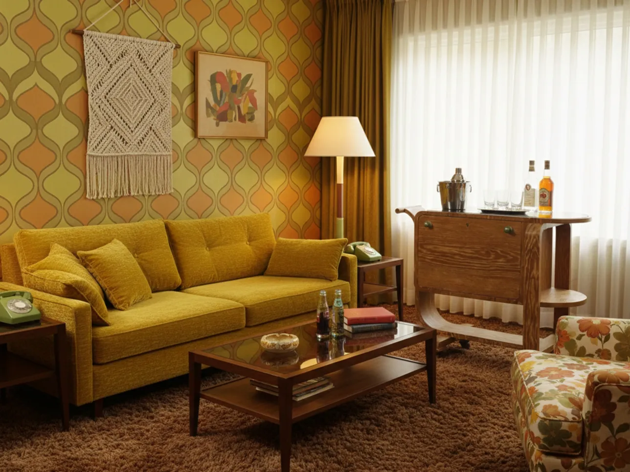 Carrello per cocktail antico in tonalità marrone, decorativo e funzionale, con un'atmosfera accogliente.