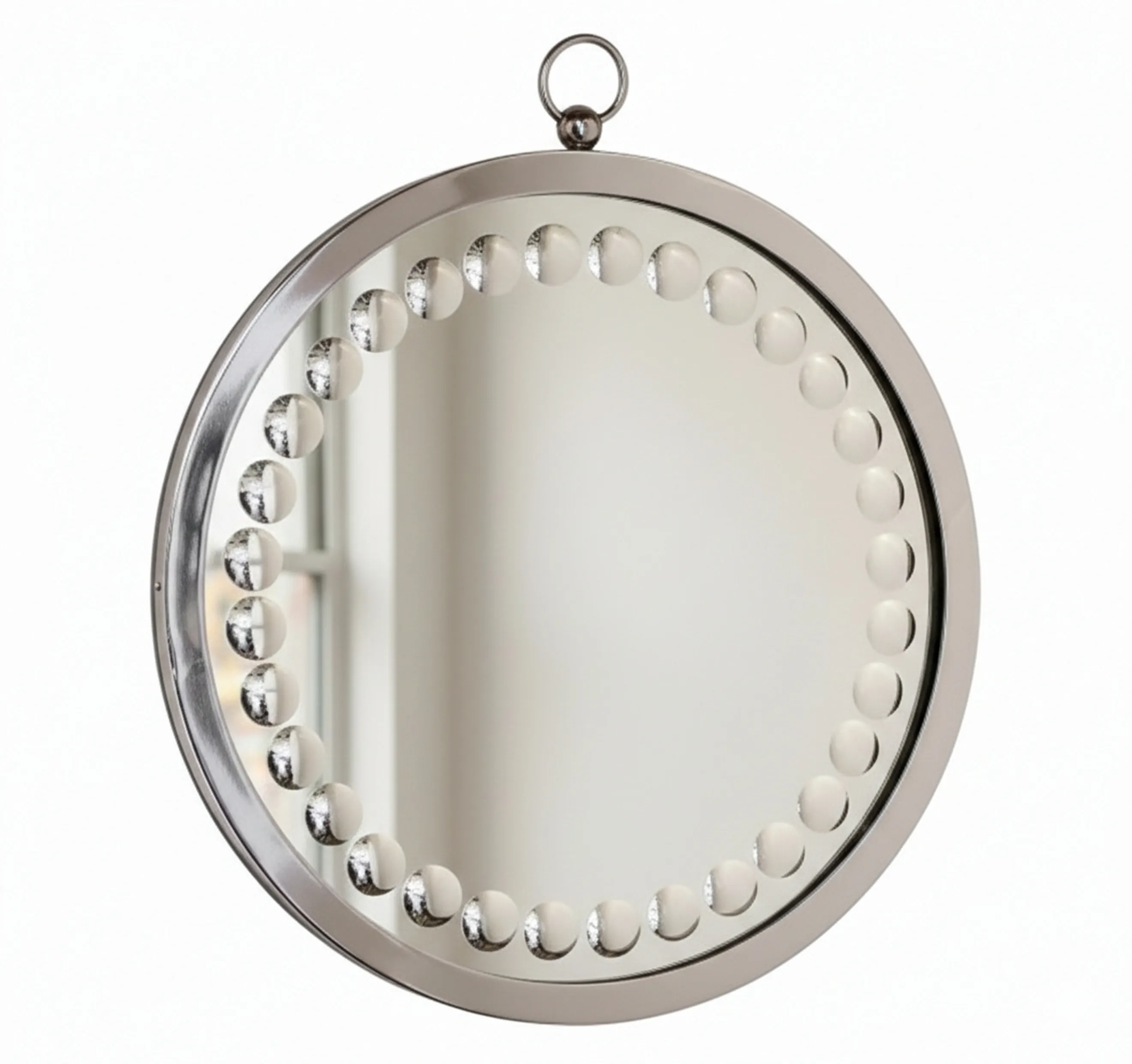two round decorative mirrors with a frame