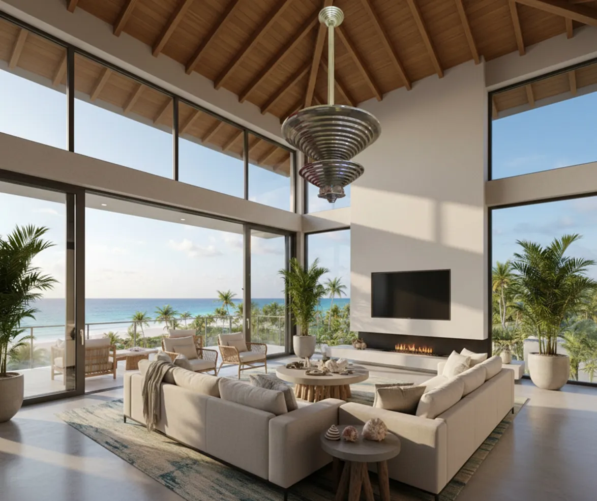 Antique hanging lamp in a modern living room overlooking the sea