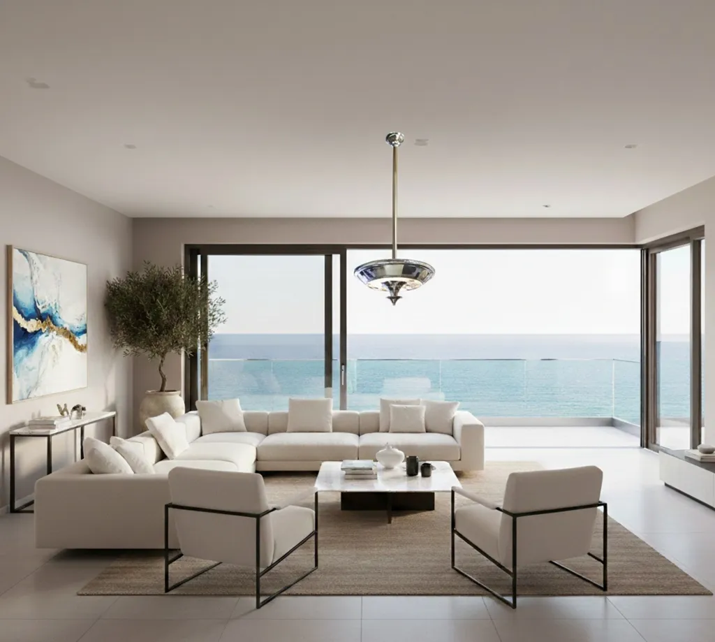 2 lampadas de teto antigas em uma sala de estar com vista para o mar