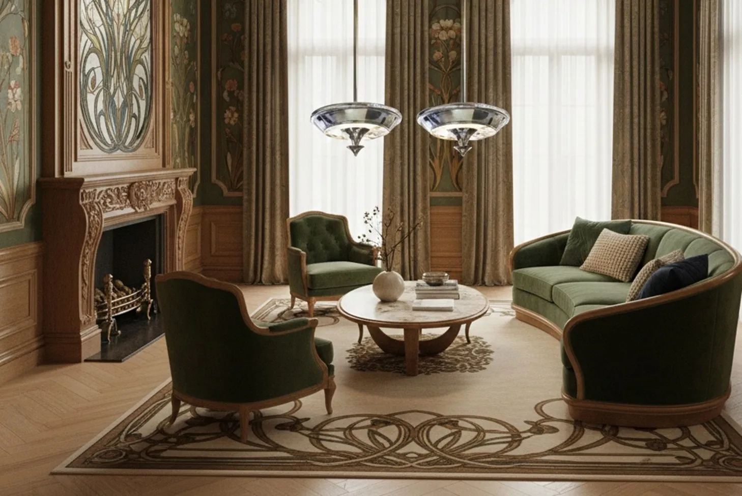 dos lámparas de techo antiguas art deco en un salón elegante