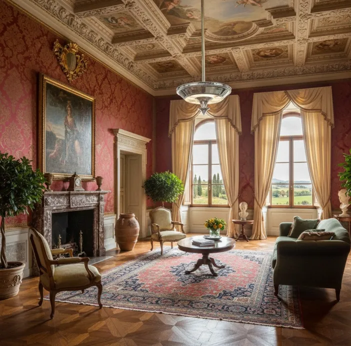 duas lâmpadas de teto antigas penduradas em uma sala elegante com decoração clássica