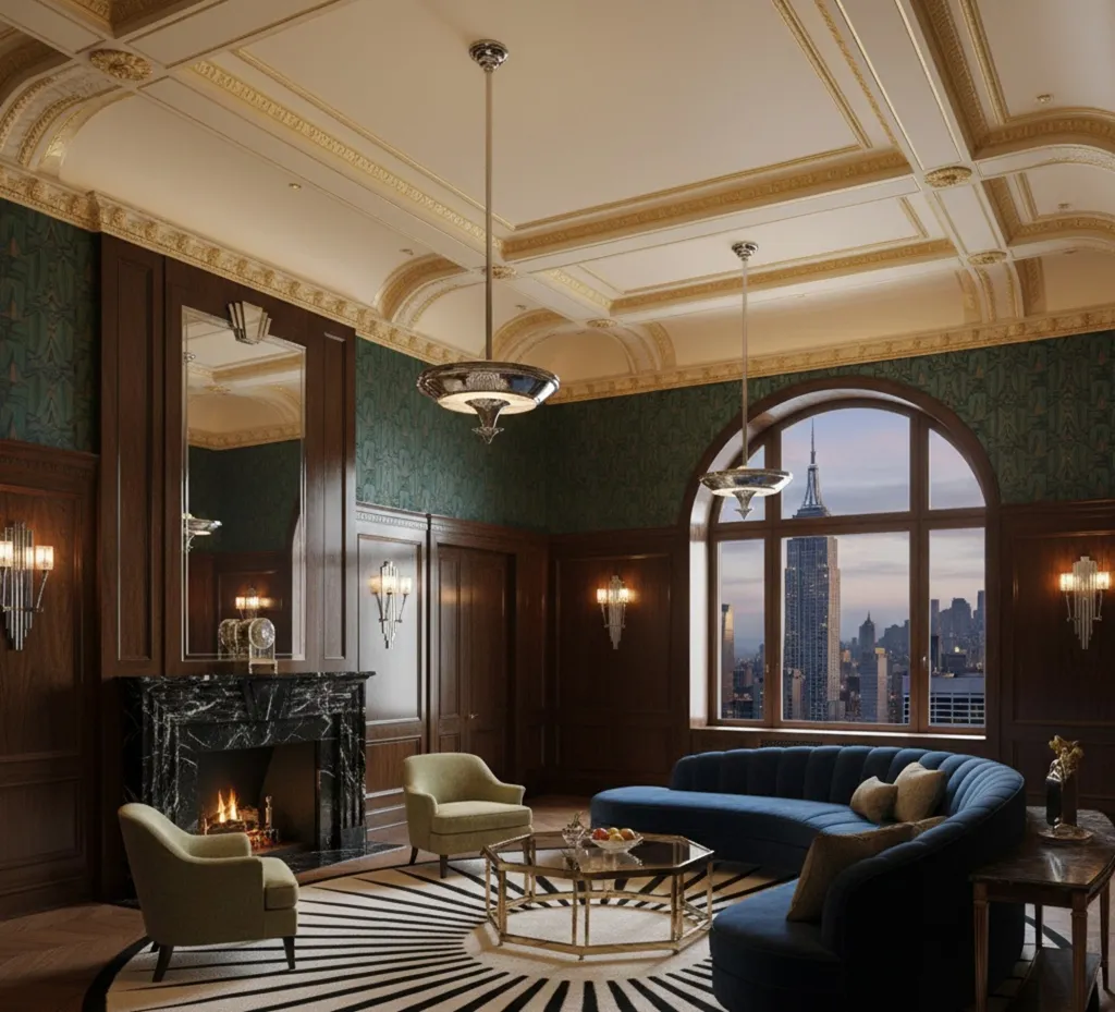 2 antique hanging lamps in an elegant room with a fireplace