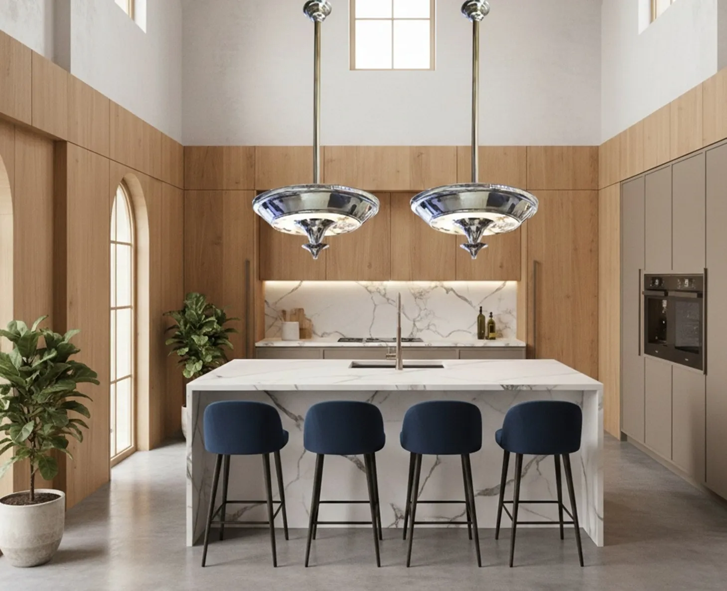 detailed view of vintage 2 hanging lamps in a modern kitchen