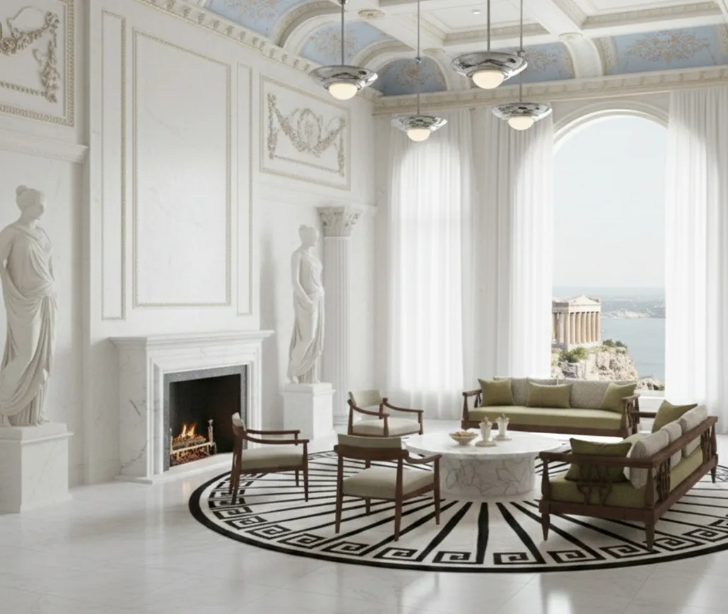 Four antique hanging lamps in an elegant room with curtains and classic decor.