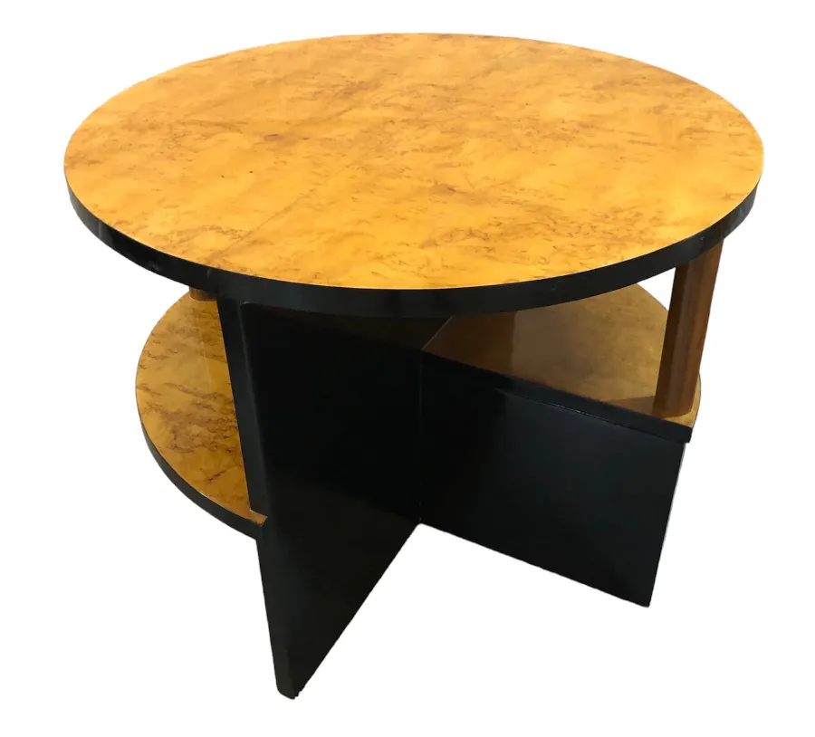 Table ronde avec surface jaune et base noire, style art deco