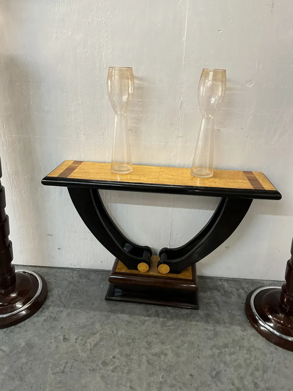 Antique 2 vases murano on a wooden table.