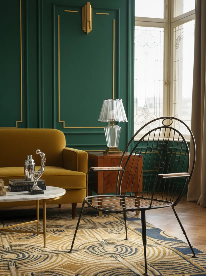 Fauteuil de jardin ancien de 1950 avec accoudoirs dans un cadre élégant.