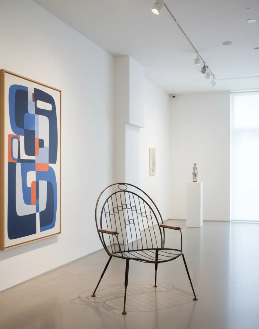 sillón de jardín antiguo en una galería con arte moderno