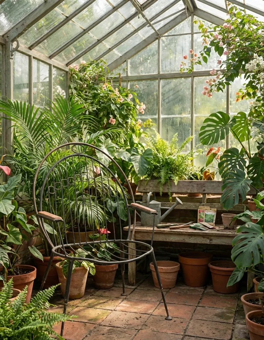 Fauteuil de jardin ancien dans un cadre verdoyant avec des plantes fraîches autour