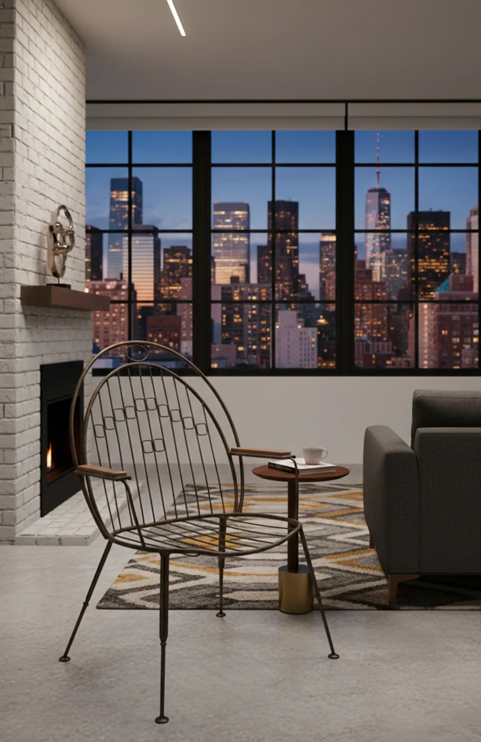 Fauteuil de jardin antique dans un environnement moderne avec vue sur la ville.