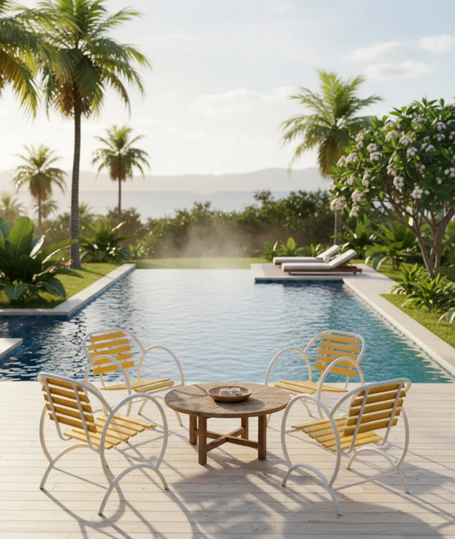 4 sillones de jardin antiguos junto a una piscina