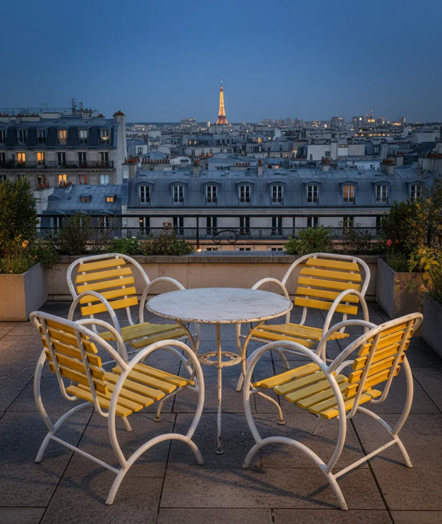 테라스에 있는 고대 아트 데코 스타일의 정원 안락의자 4개.