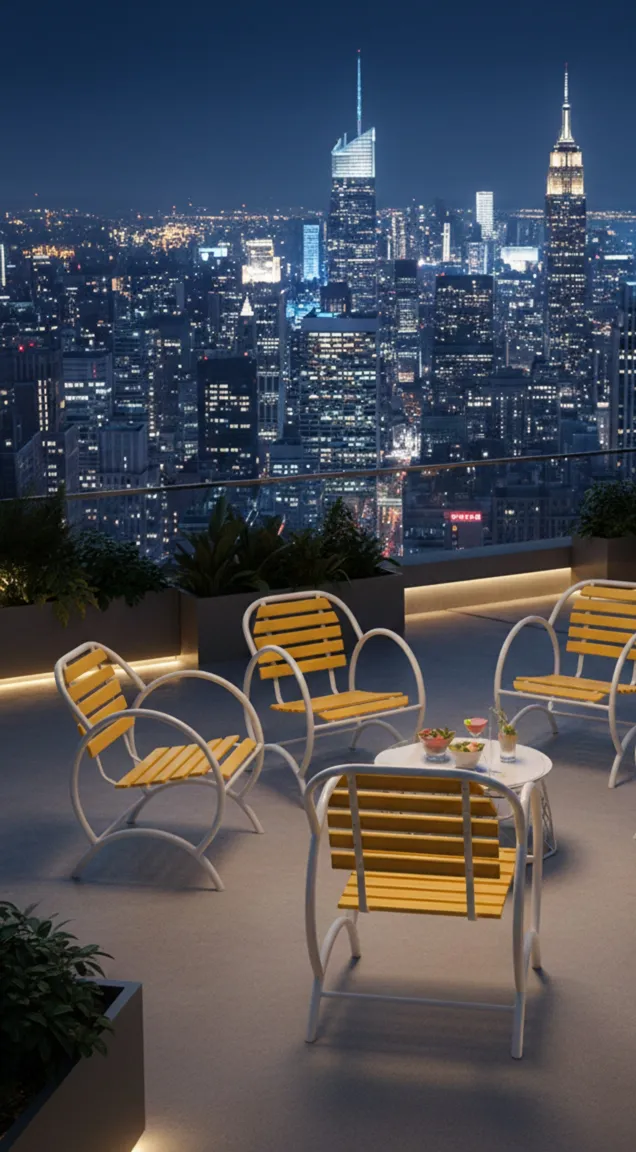 Quatre fauteuils de jardin classiques jaunes sur une terrasse avec vue sur la ville