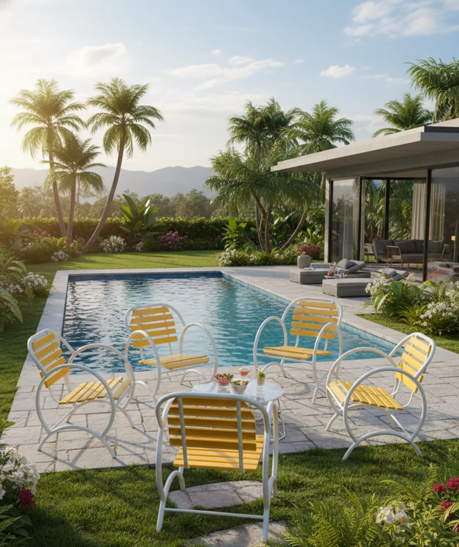 Quatro poltronas de jardim antigas em um ambiente ensolarado ao lado da piscina