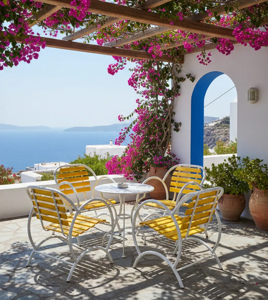 4脚の古いガーデンアームチェアが日の当たるパティオに