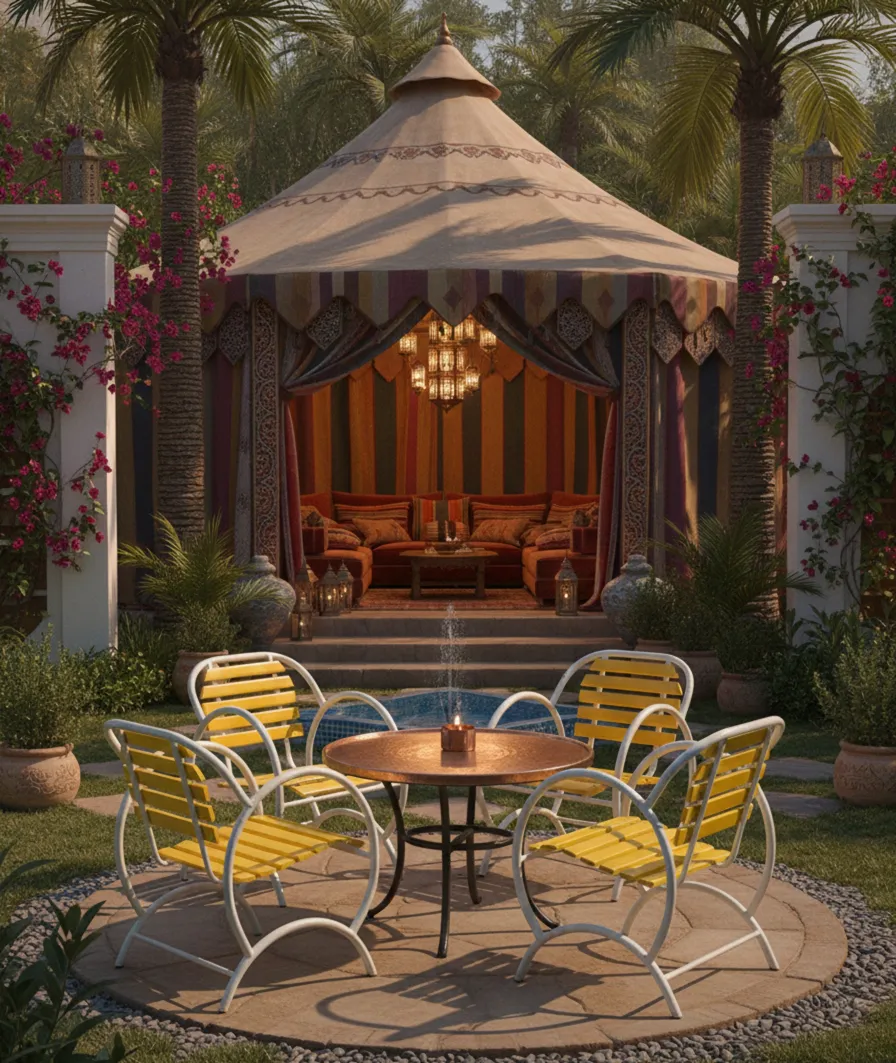 Quatre fauteuils de jardin anciens, jaunes et blancs, entourés de plantes