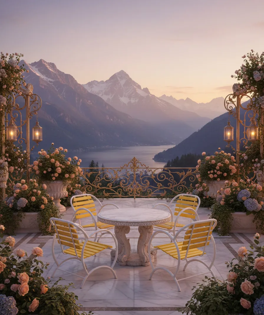 Four antique garden armchairs with artistic design surrounded by flowers