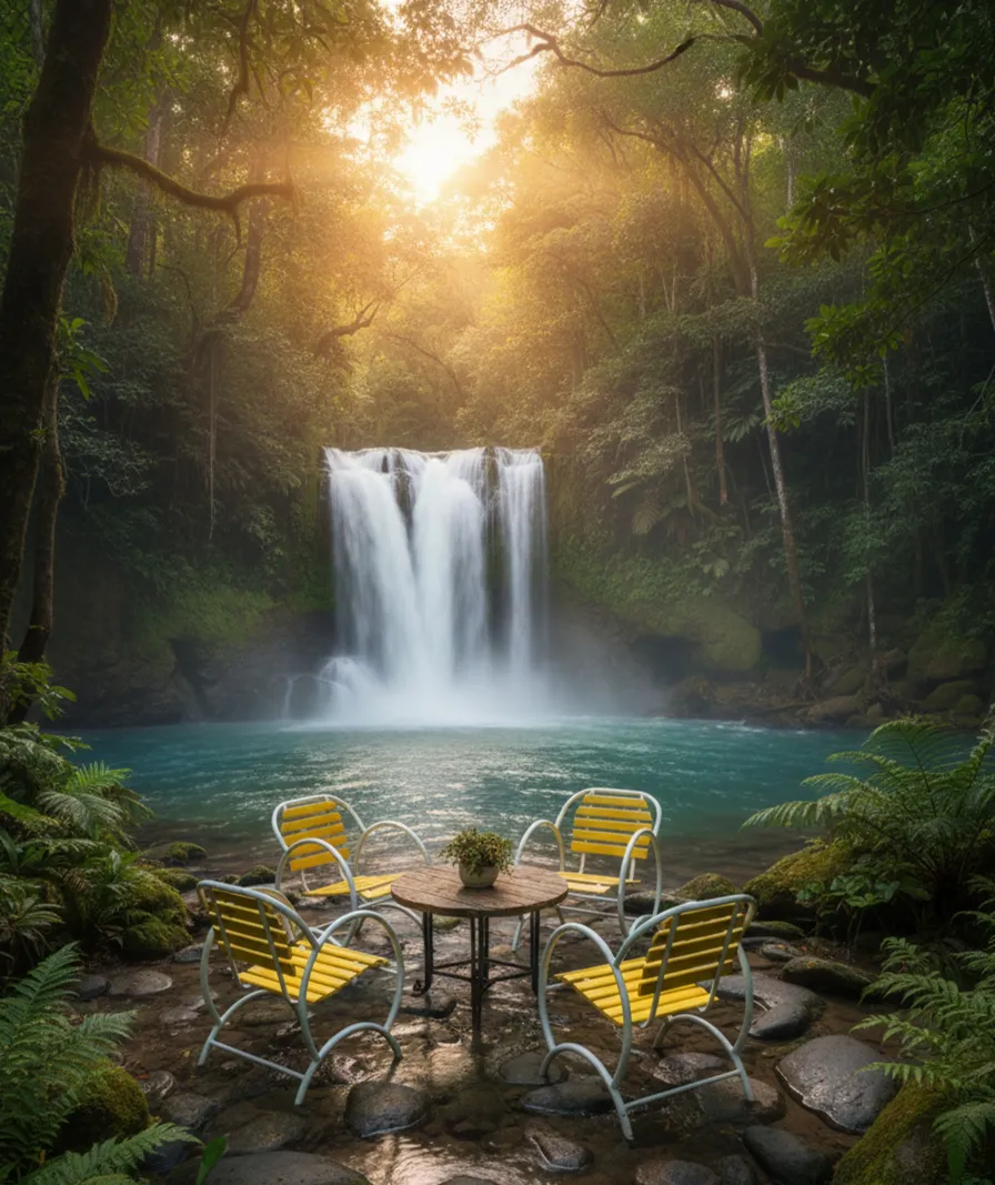 cuatro sillones de jardín antiguos amarillos junto a una mesa en un entorno natural