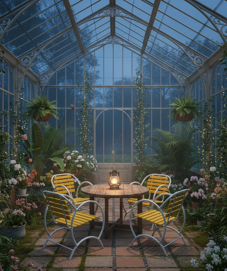 4 fauteuils de jardin anciens dans une serre entourés de plantes