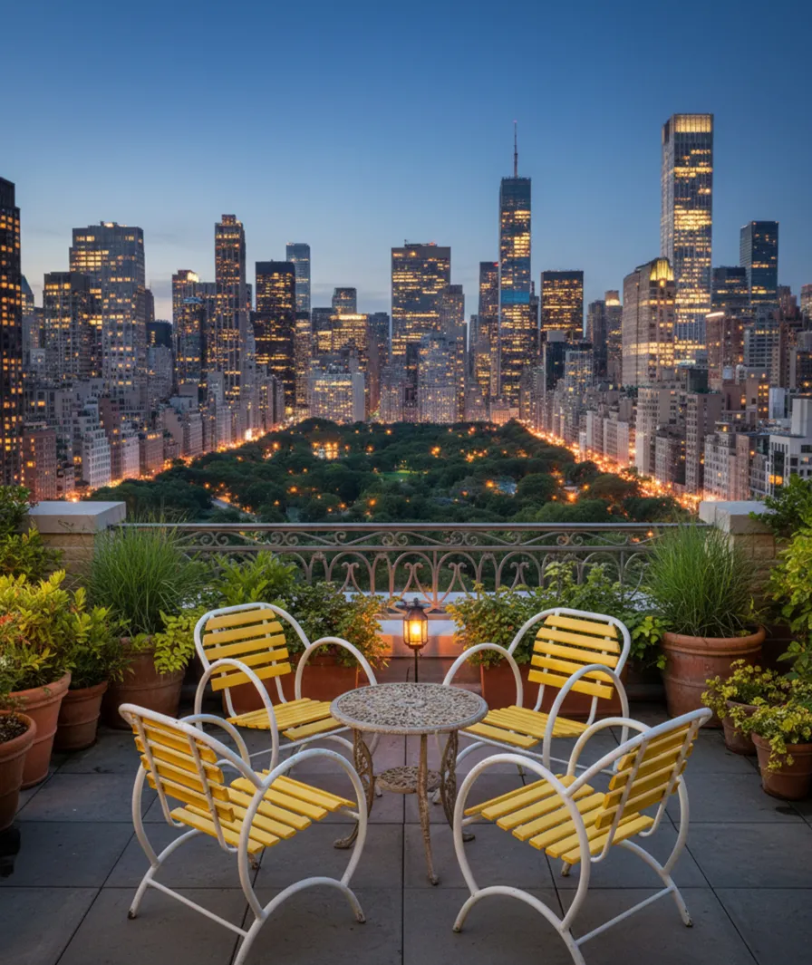 アールデコデザインの古いガーデンアームチェア4脚、都市の環境に植物と小さなテーブルがある