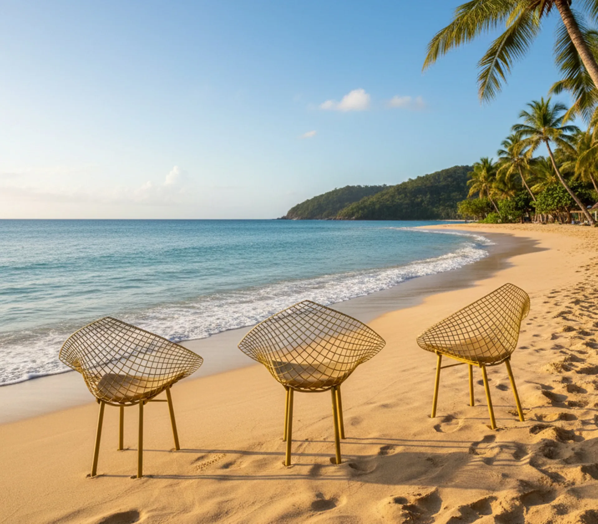 Three antique garden armchairs by the beach, stylish