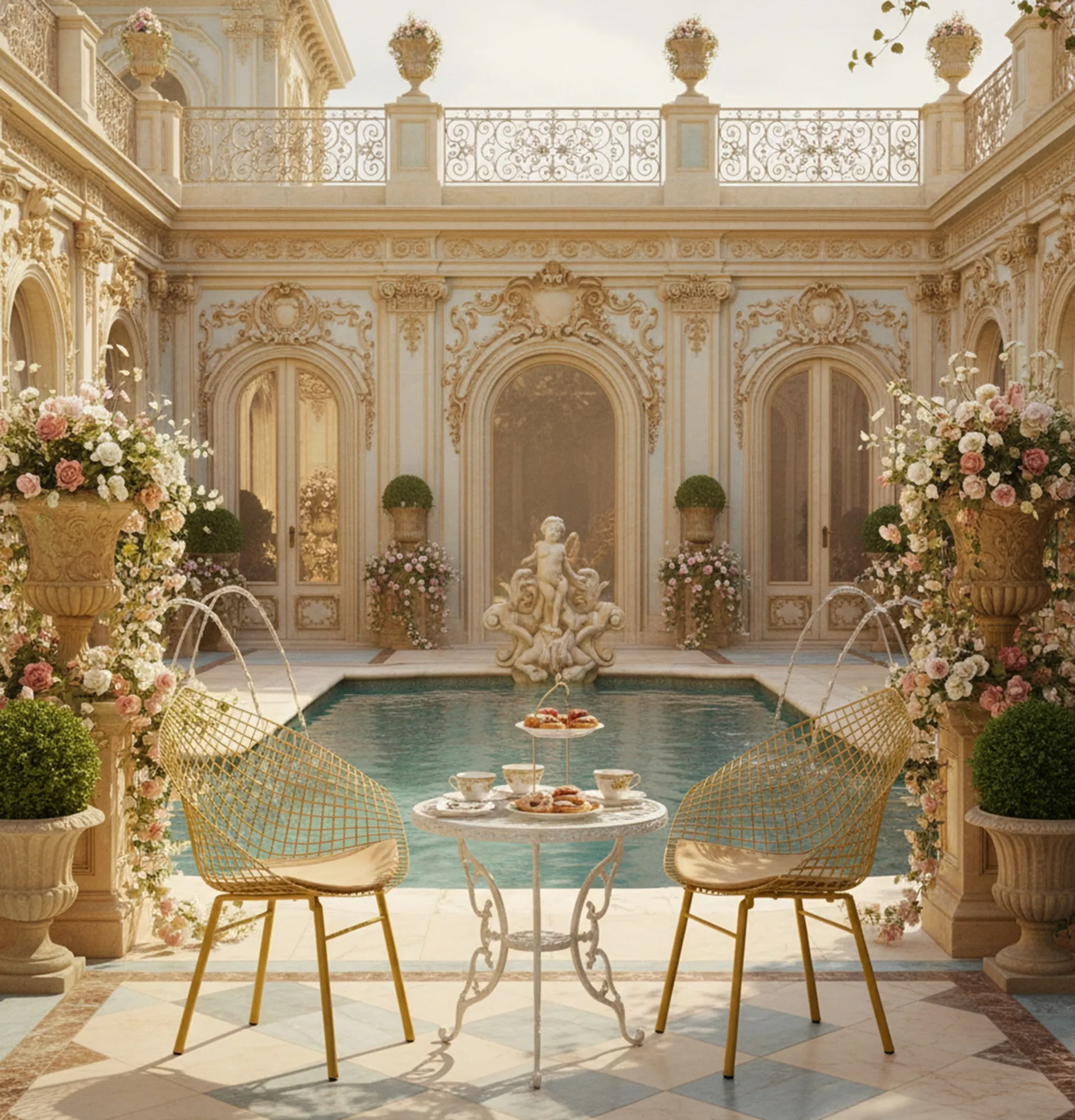 3 antique garden armchairs in a beautiful floral setting