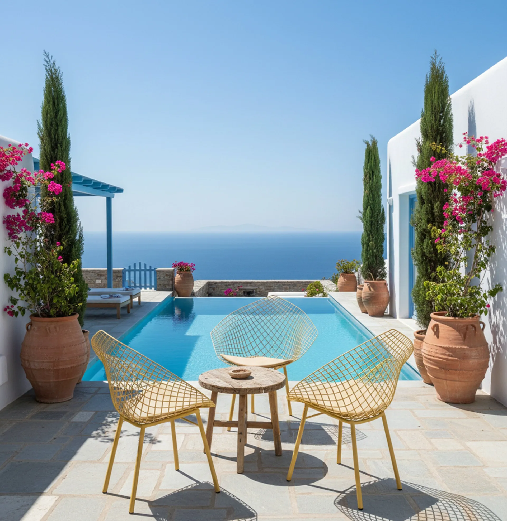 Tre poltrone da giardino antiche in un ambiente soleggiato accanto alla piscina con fiori colorati.