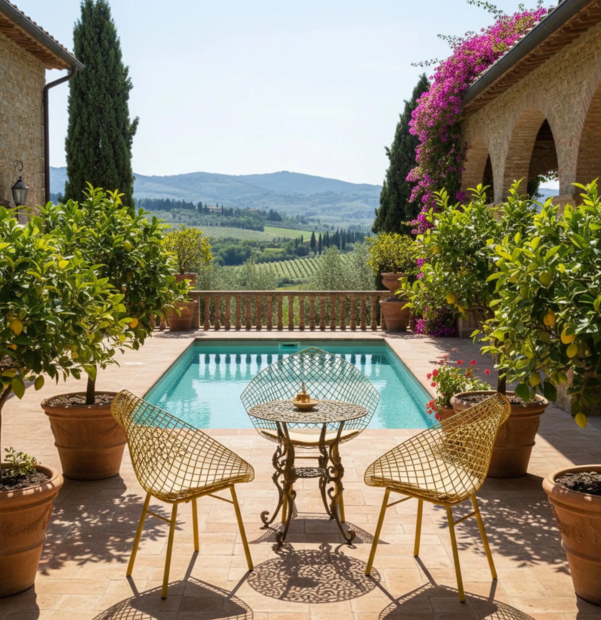 Tres sillones de jardín antiguos junto a una piscina con plantas