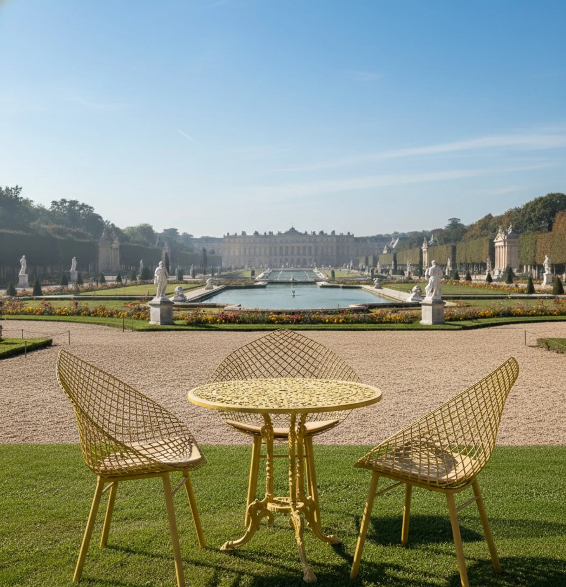 3 antike Garten-Sessel, elegantes Design in einem Gartenambiente