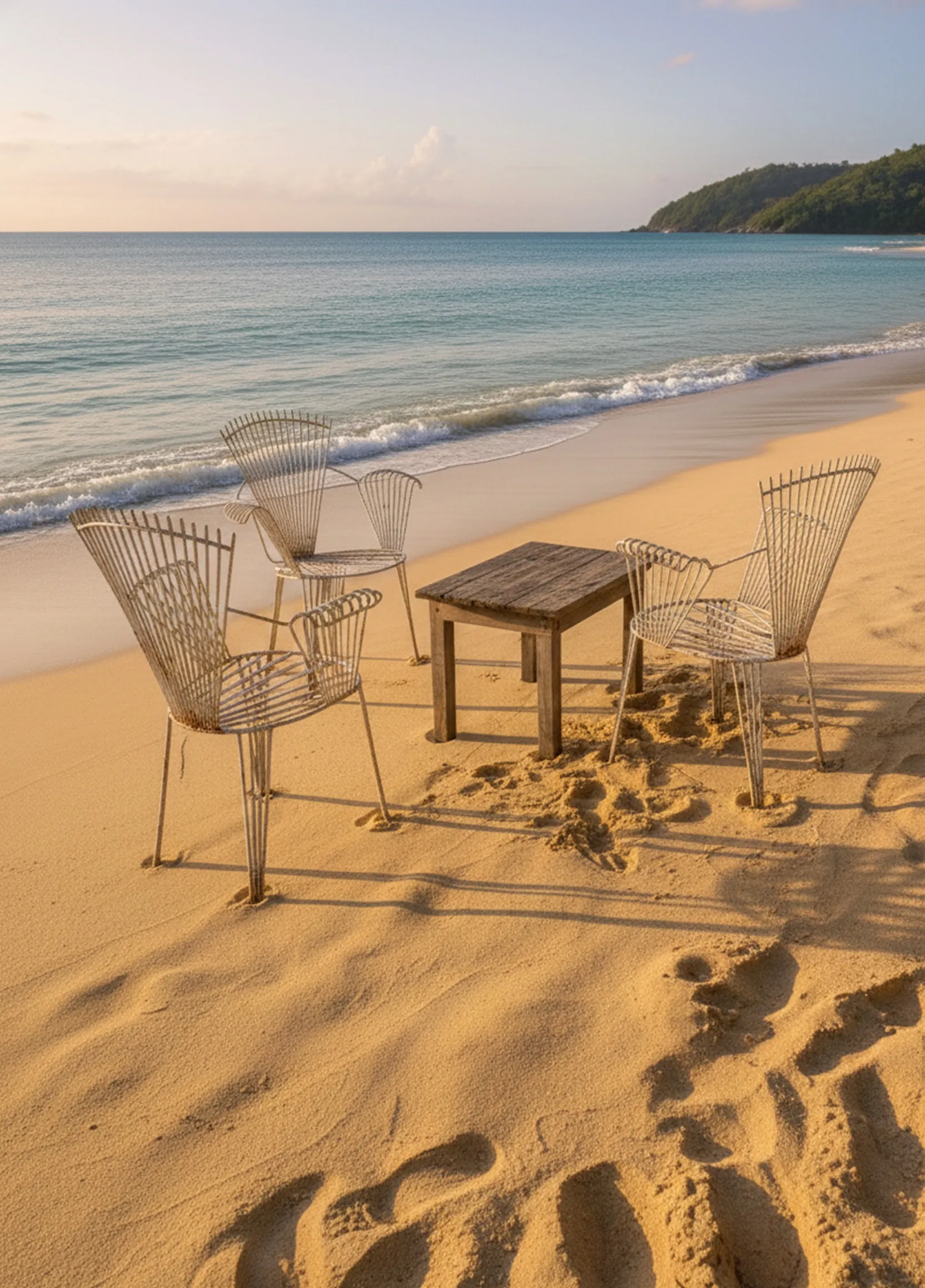 Quatre fauteuils de jardin anciens sur la plage au coucher du soleil, à côté d'une table en bois, avec des vagues en arrière-plan.