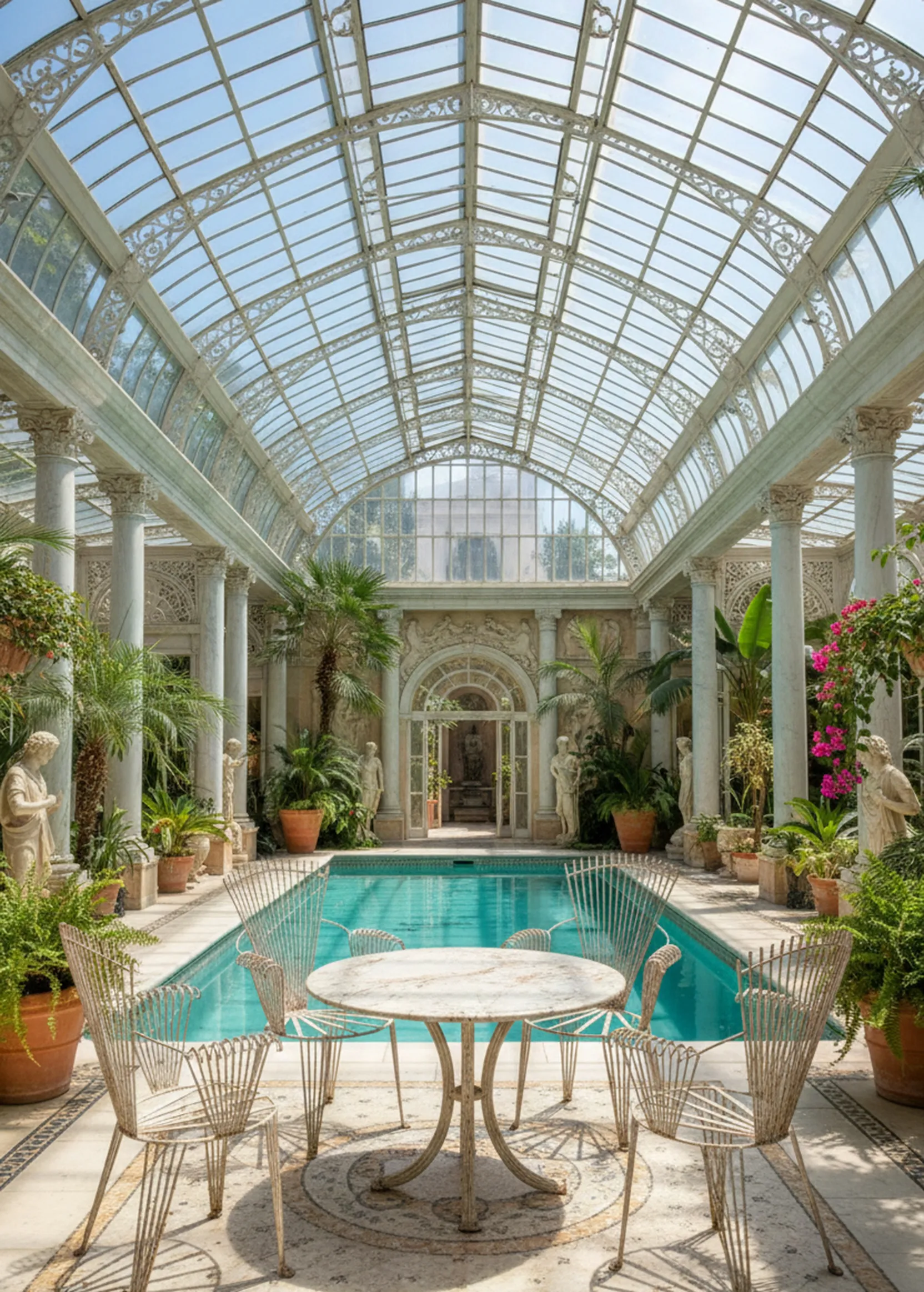 4 antique garden armchairs by a pool with plants