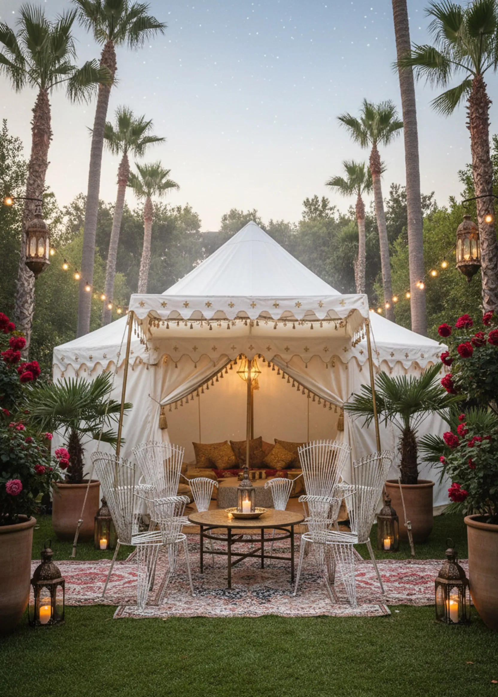 Cuatro sillones de jardin antiguos elegantes en un ambiente acogedor con una fogata y plantas
