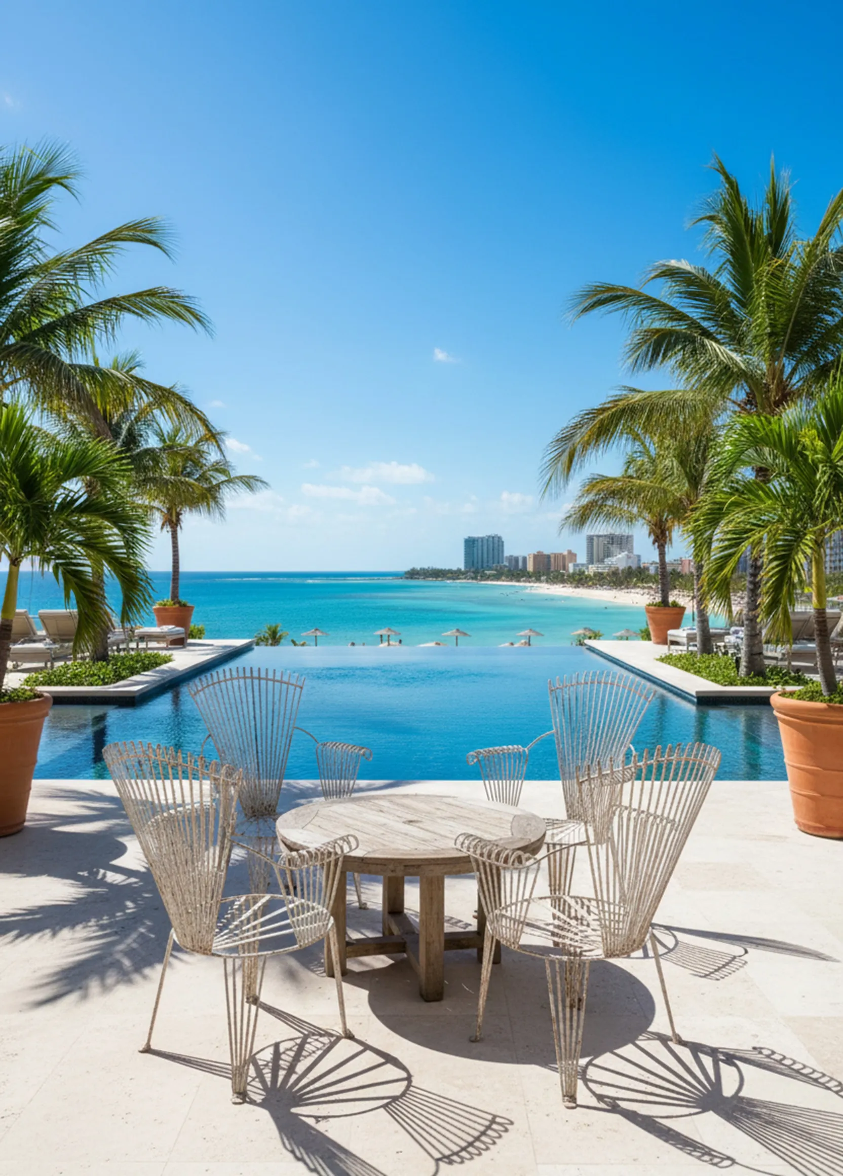 Antique garden armchairs with a pool view