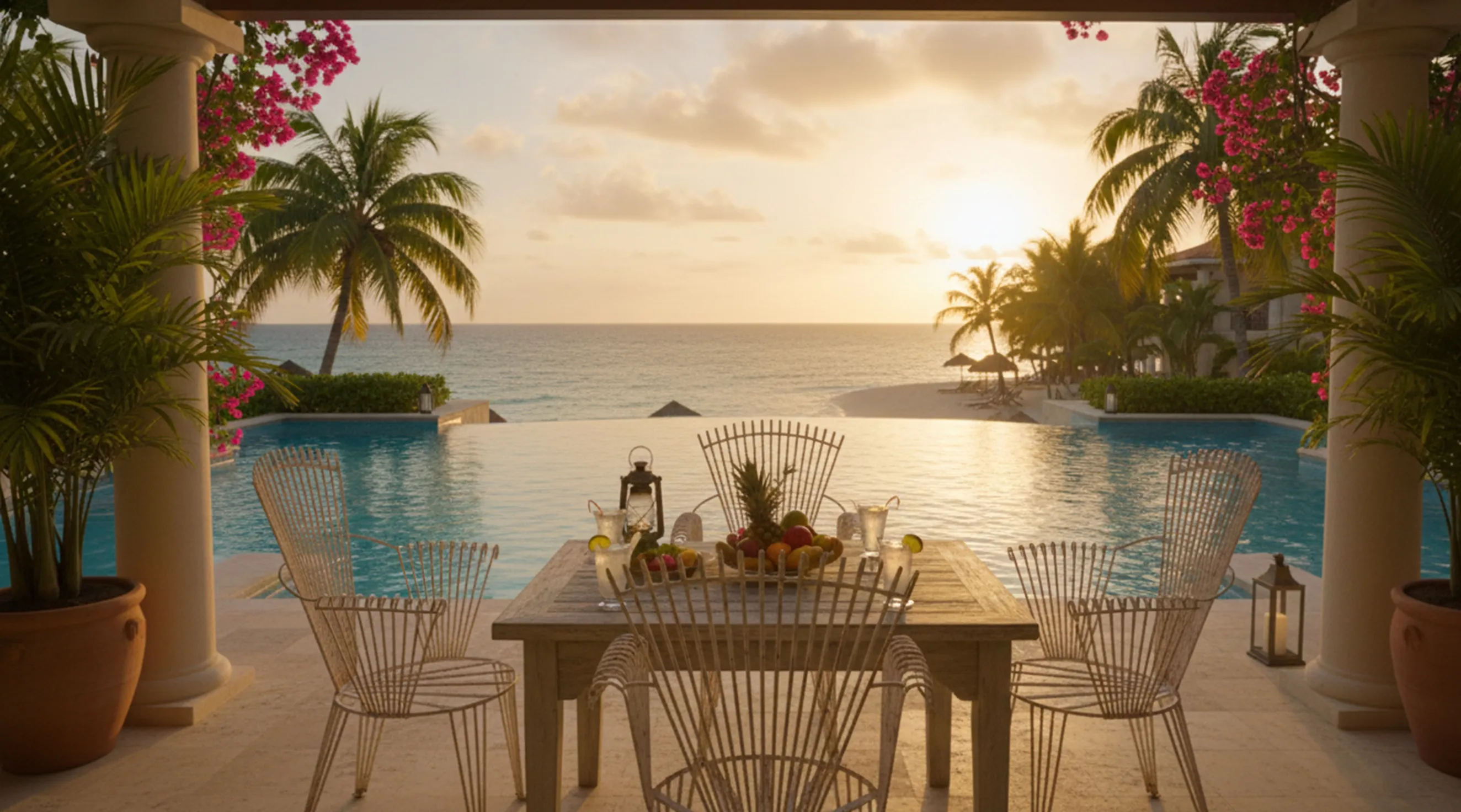 4 garden armchairs in a tropical setting by the pool