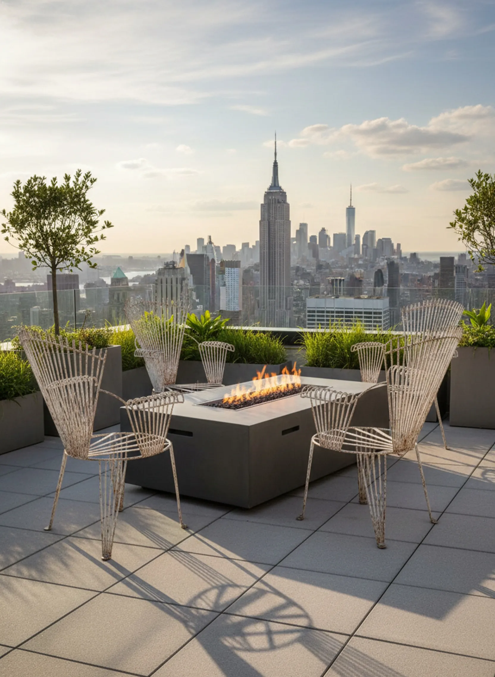 ユニークなデザインの古いガーデンアームチェア4脚、植物と居心地の良い雰囲気に囲まれています。