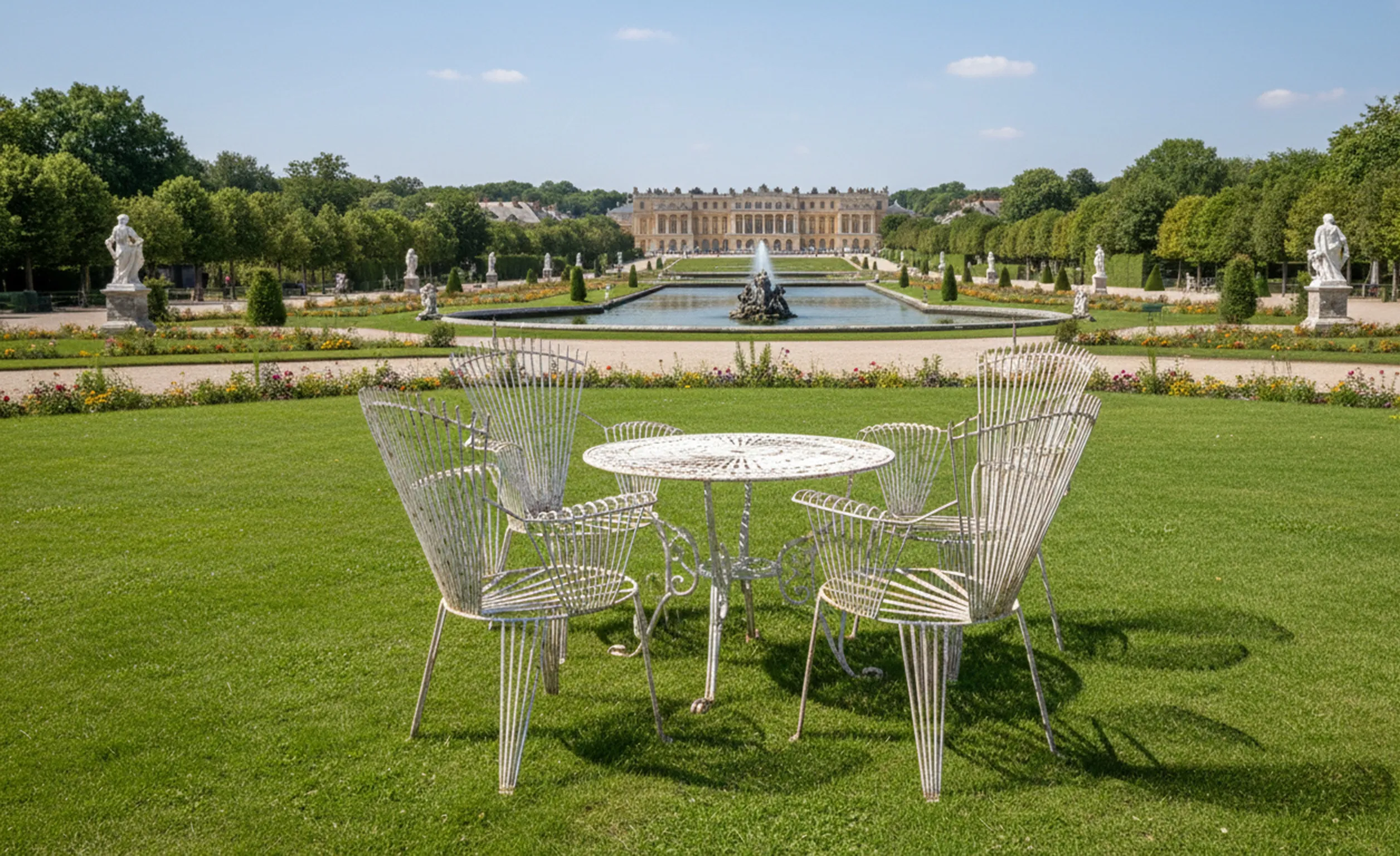 Four antique garden armchairs in a green space with a view.