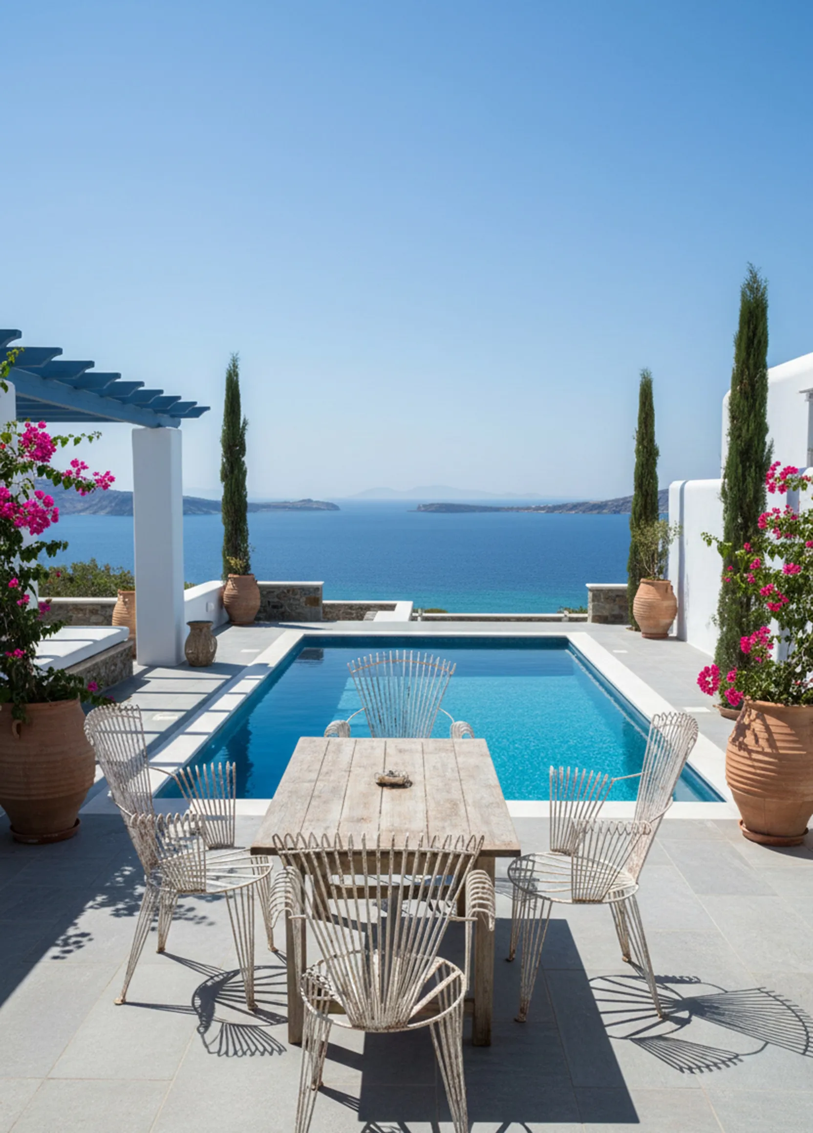 Quatre fauteuils de jardin anciens avec vue sur la mer dans un cadre serein.