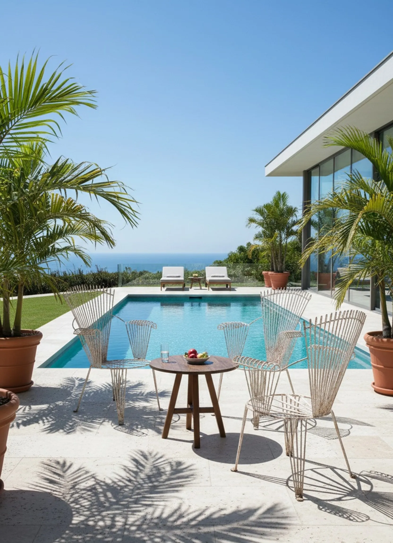 Four antique garden armchairs by a swimming pool