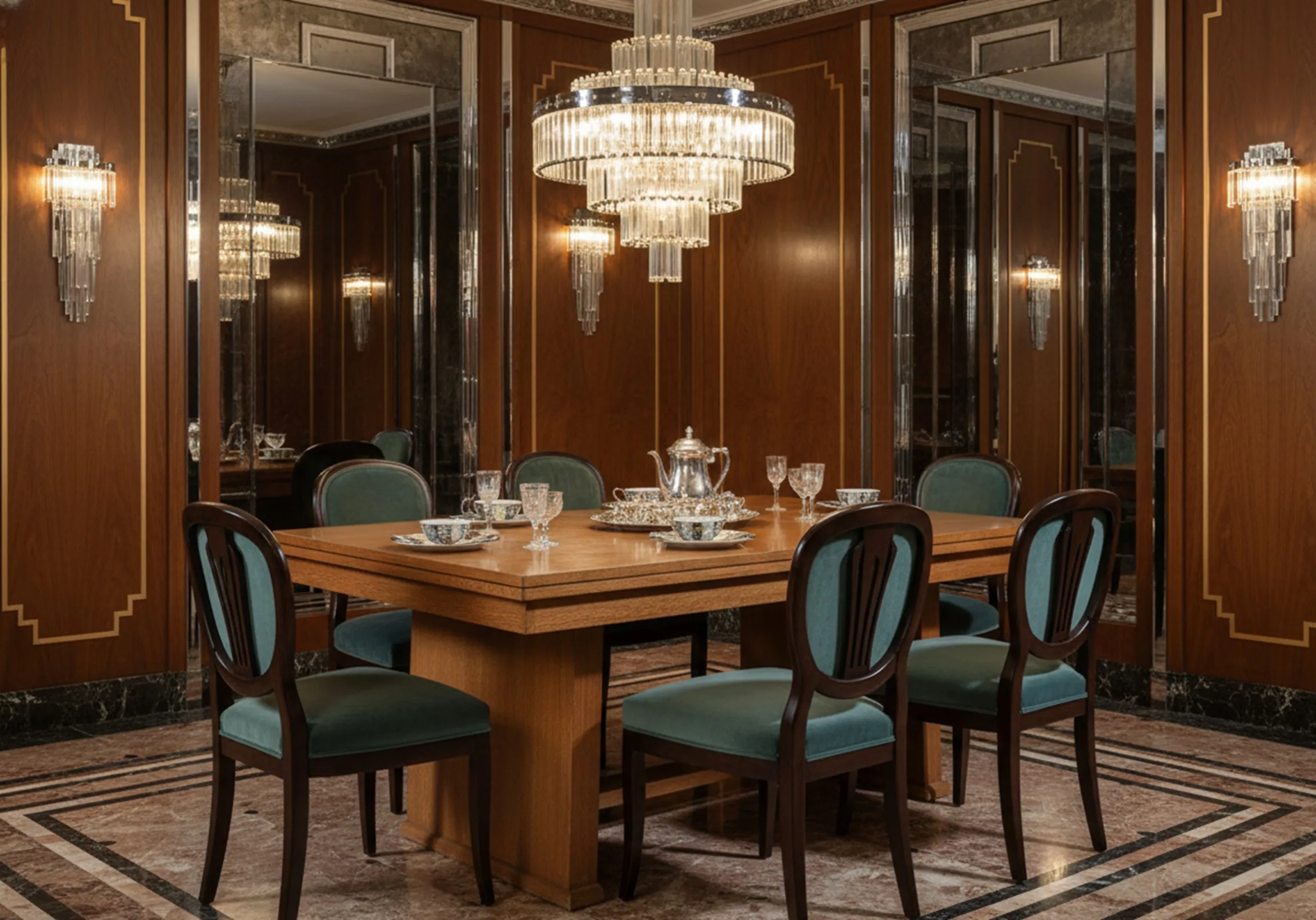 古董餐桌适合6或4人在优雅的环境中，配有软垫椅子。