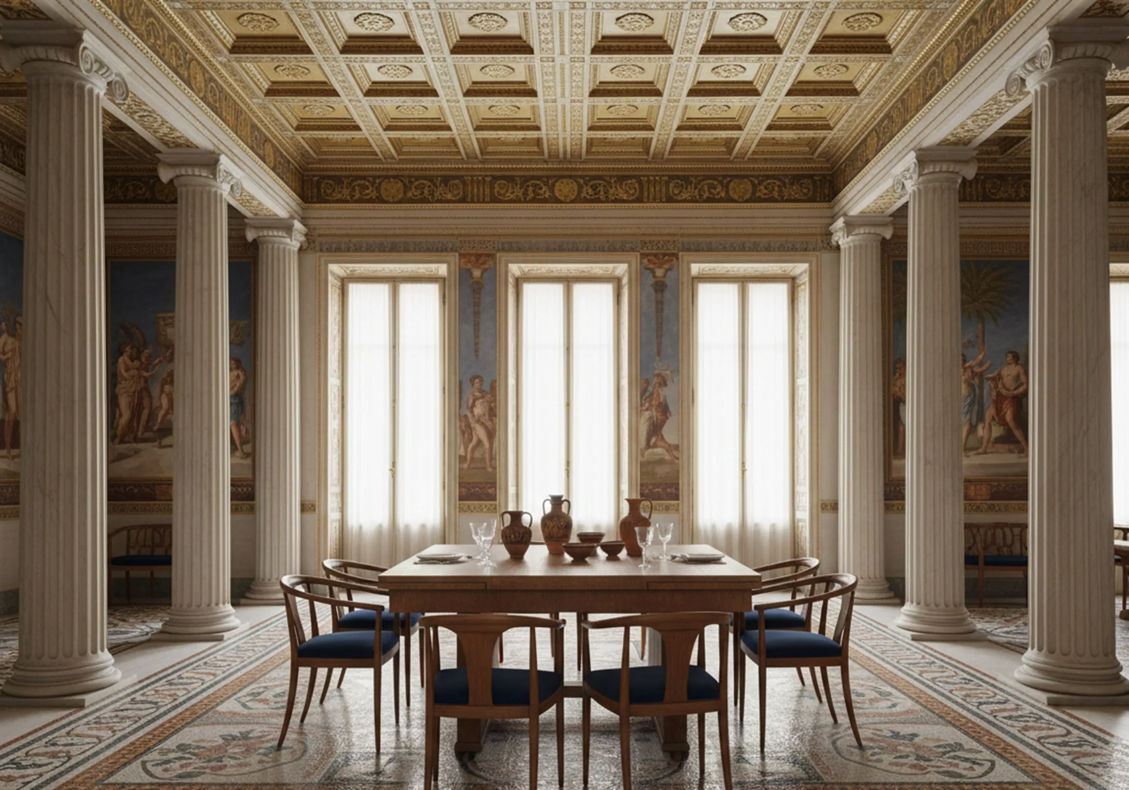 Tavolo da pranzo antico con sedie in un ambiente elegante, decorazioni classiche.