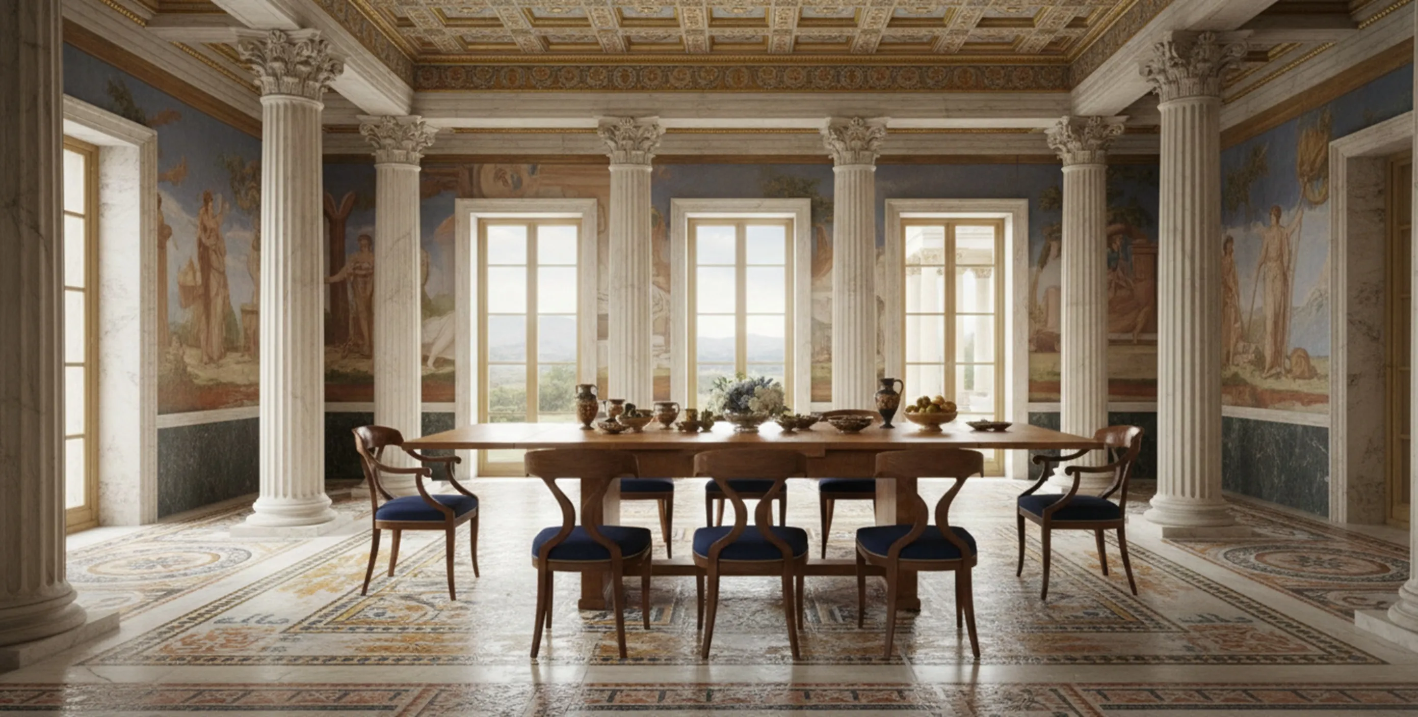 Mesa de comedor antigua en un elegante ambiente clásico