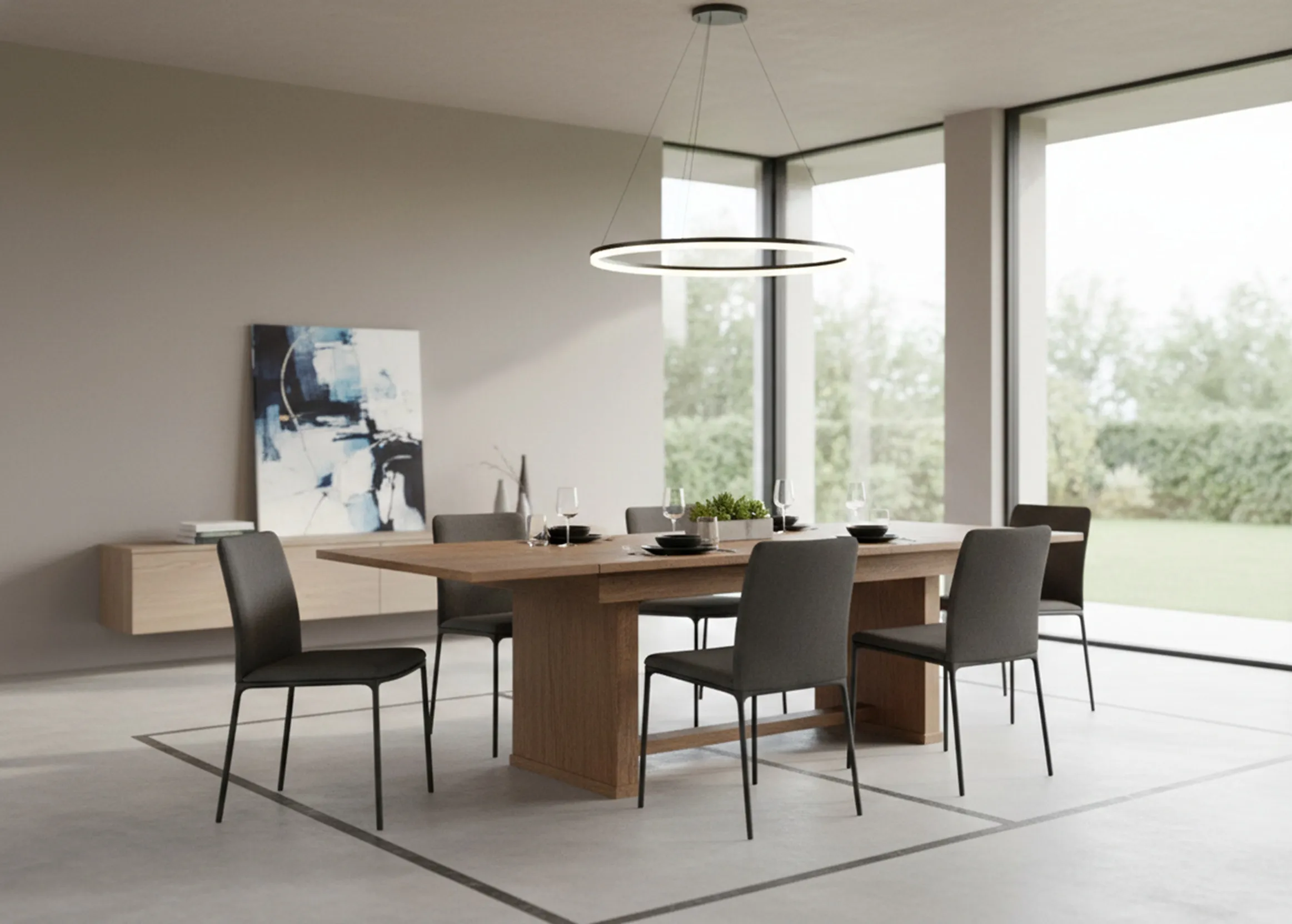 Tavolo da pranzo antico con sedie moderne, atmosfera luminosa.