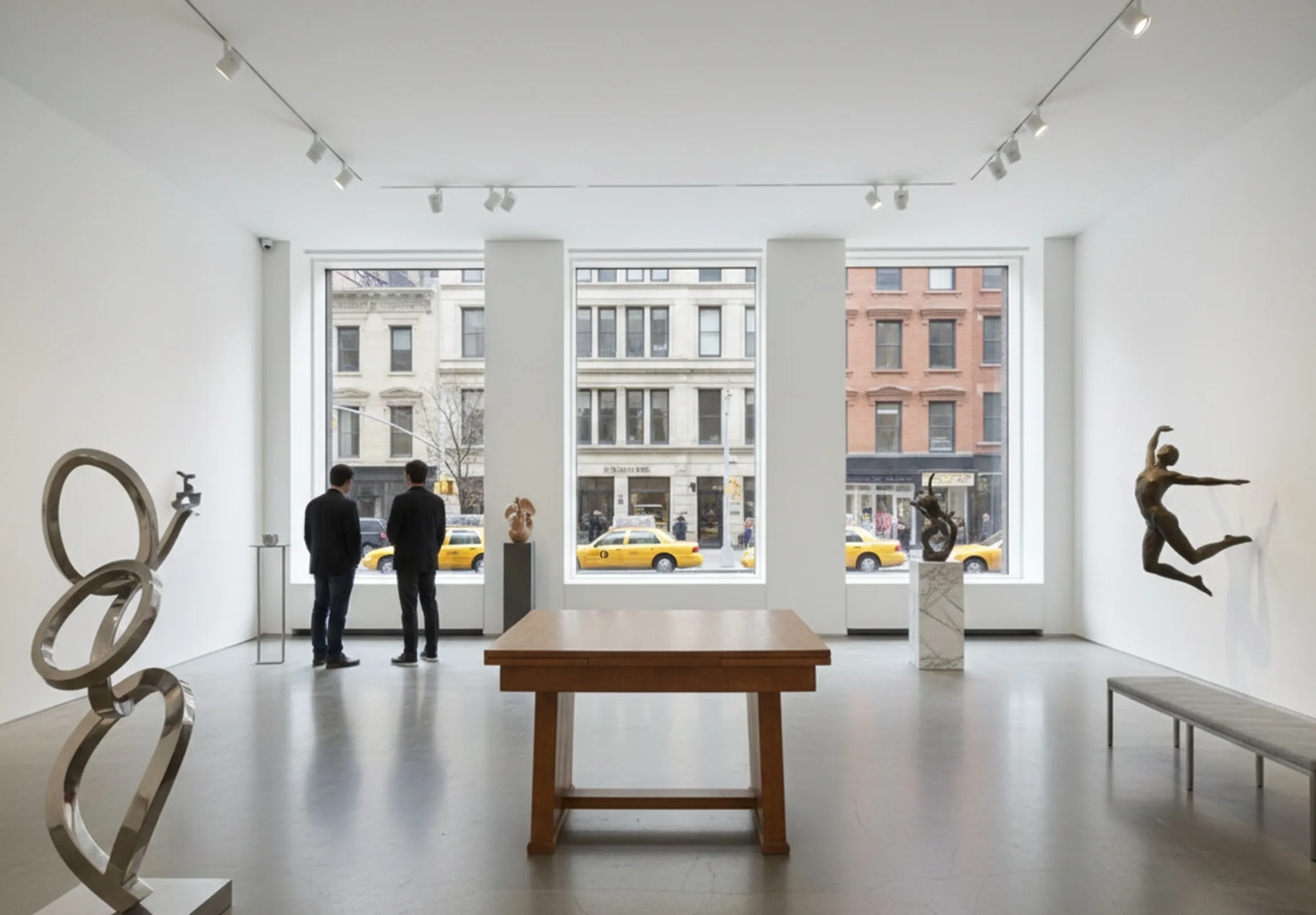 古いダイニングテーブルが現代のスペースの中にあり、彫刻があります