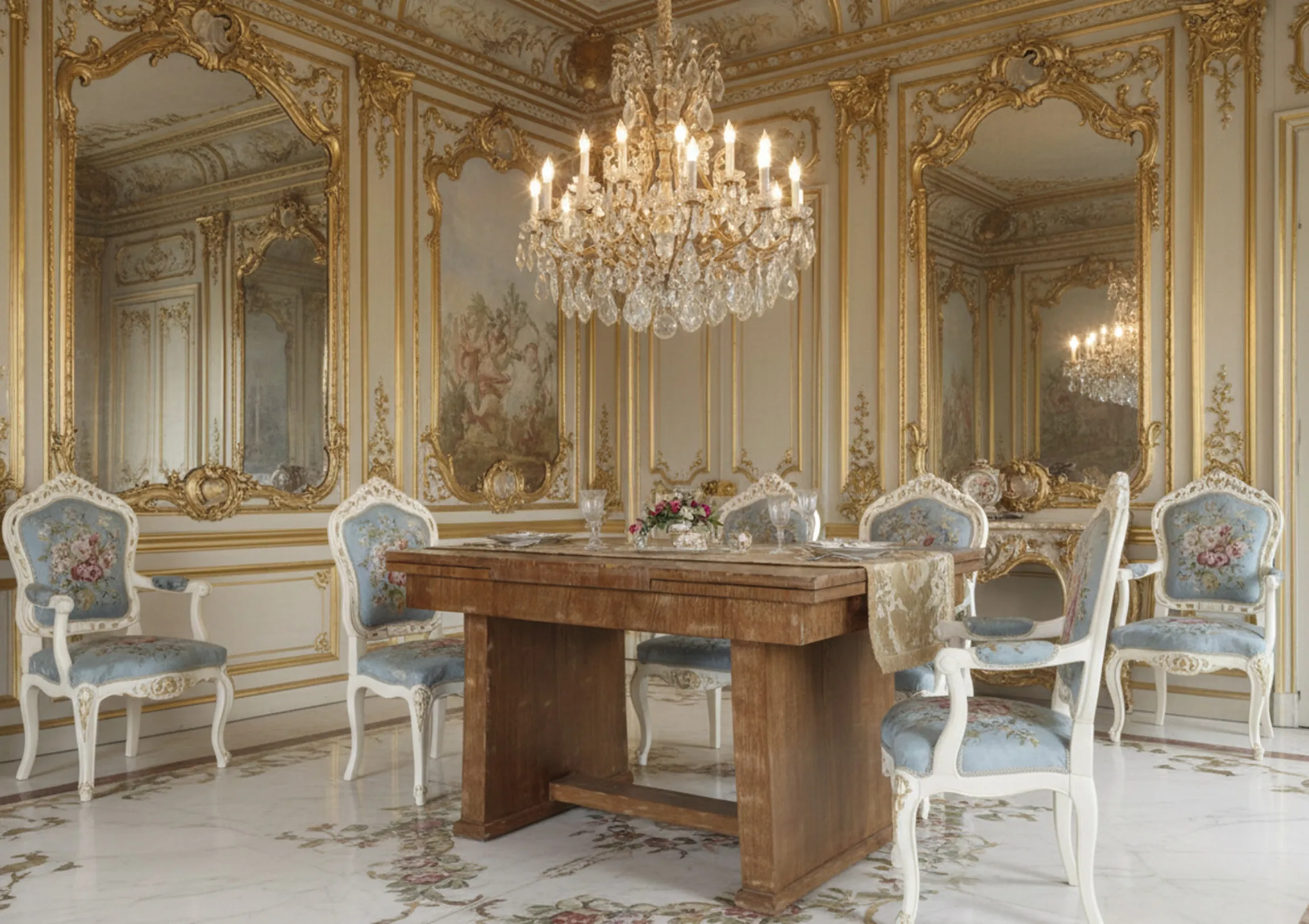 Table à manger antique au design classique, dans une pièce élégante avec des chaises décorées.