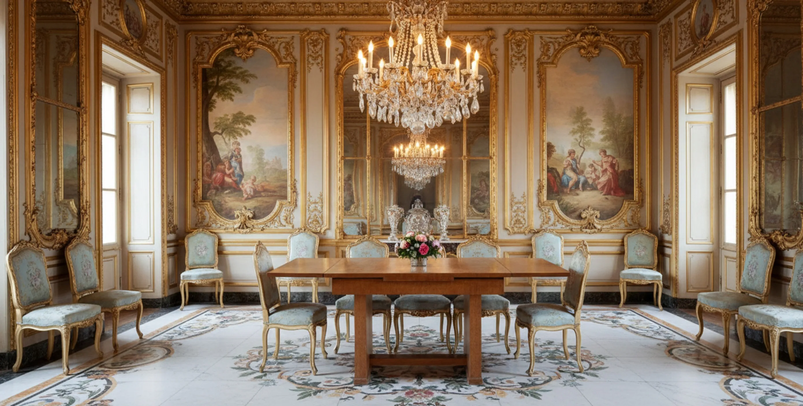 Mesa de jantar antiga com cadeiras elegantes em um ambiente clássico.