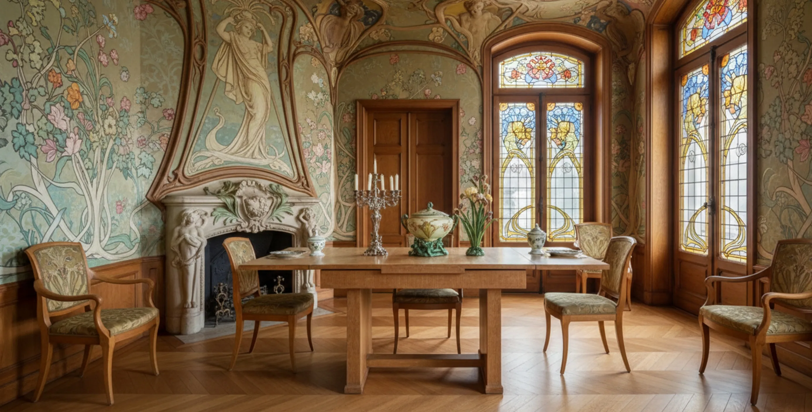 antiker Esstisch in einer eleganten klassischen Umgebung.