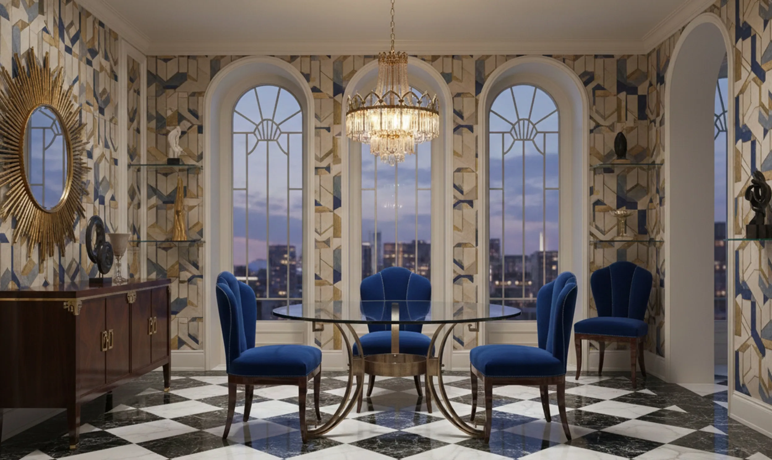 Tavolo da pranzo antico per 6 persone in un ambiente elegante con sedie blu